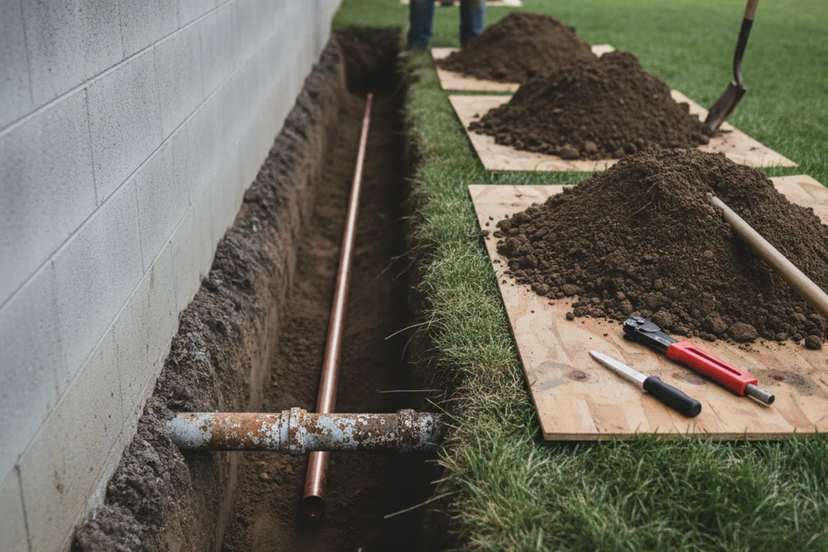 Excavated water line trench during Water Heater Repair in Orlinda